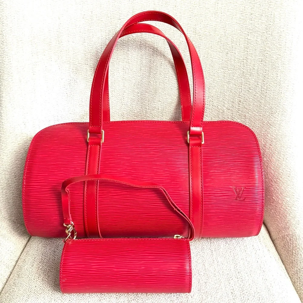 Authentic Louis Vuitton Soufflot bag M52227 red Epi leather with mini pouch